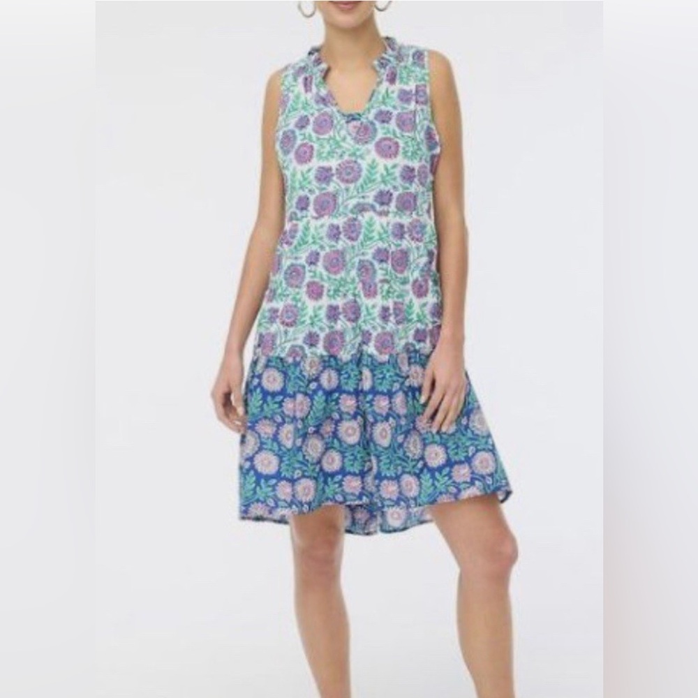 J. Crew Cotton Floral V- neck Ruffled Neckline Tiered Cover-Up Dress Size Small